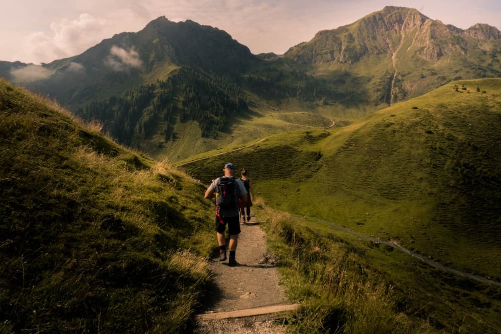 Zwei Kinder wandern auf einem Weg in den österreichischen Bergen während eines Urlaubs.
