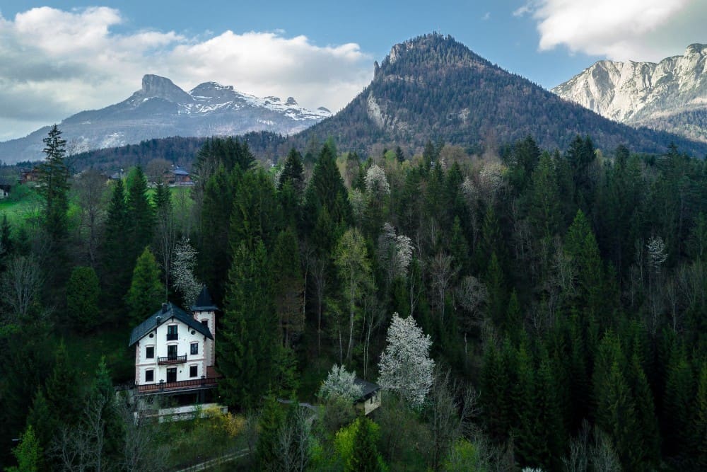 Beschreibung: Ein Ferienhaus in Österreich, umgeben von Bäumen und Bergen.